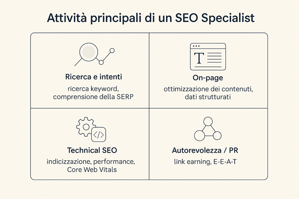 Attività principali di un SEO Specialist: ricerca, on-page, technical SEO, autorevolezza