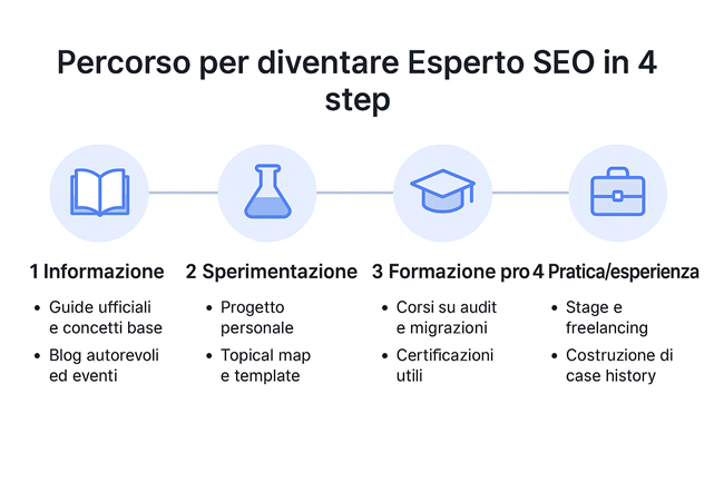 Percorso per diventare Esperto SEO in 4 step: informazione, sperimentazione, formazione, pratica