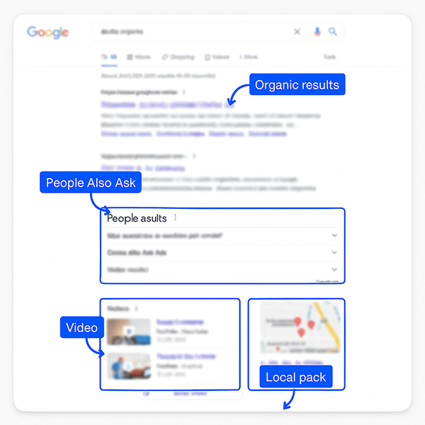 Esempio di SERP con feature: risultati organici, People Also Ask, video e local pack