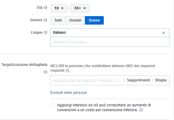 Campagna Facebook senza targettizzazione dettagliata