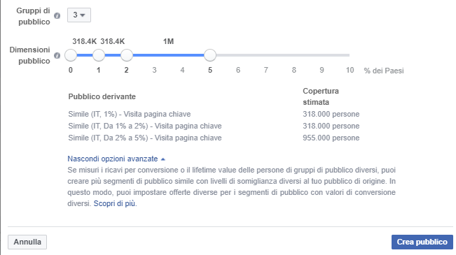 Opzioni avanzate pubblico simile in Facebook ads