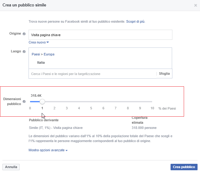 dimensione pubblico simile in Facebook ads