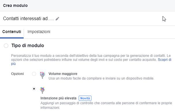 impostazione schermata di controllo Facebook Lead ads