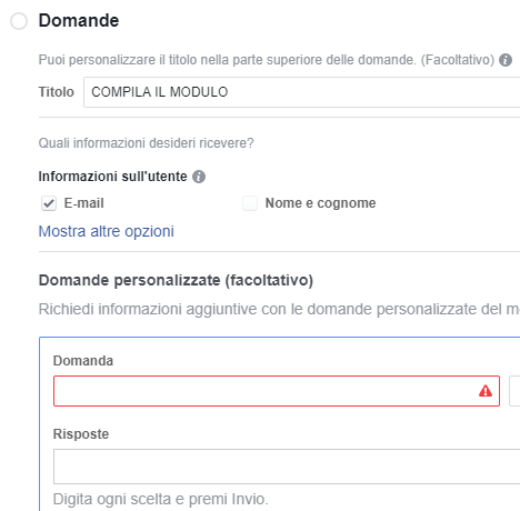 Domande personalizzate Lead ads di Facebook